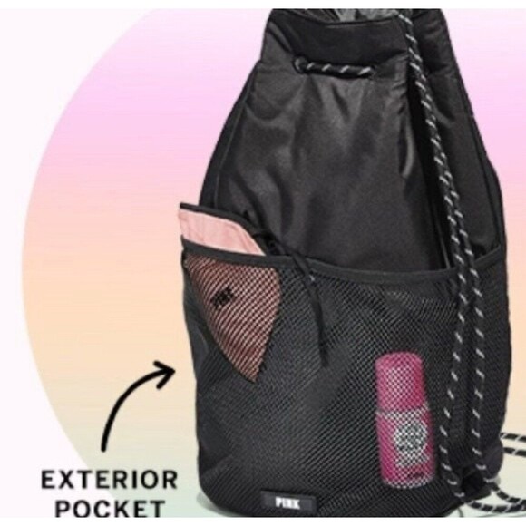 Pink Victoria's Secret Mesh String Knapsack Drawstring Bag Recycled Gym Tote - Picture 1 of 9